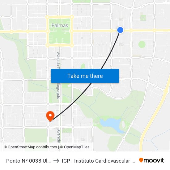 Ponto Nº 0038 Ulbra/Jk to ICP - Instituto Cardiovascular de Palmas map