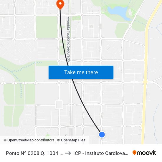 Ponto Nº 0208 Q. 1004 Sul Avenida Ns 4 to ICP - Instituto Cardiovascular de Palmas map