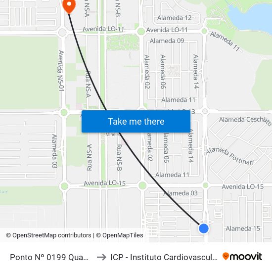 Ponto Nº 0199 Quadra 704 Sul to ICP - Instituto Cardiovascular de Palmas map