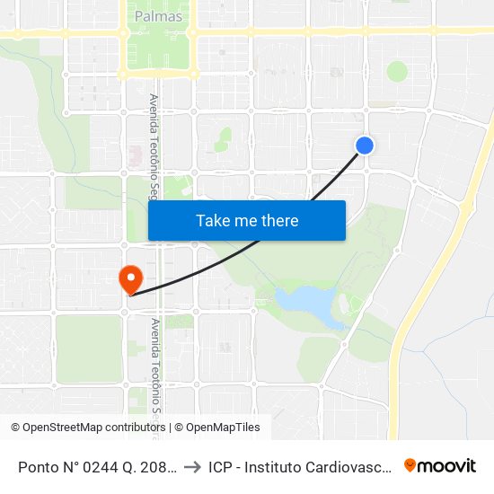 Ponto N° 0244 Q. 208 Sul Av. Ns 8 to ICP - Instituto Cardiovascular de Palmas map