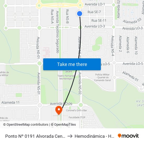 Ponto Nº 0191 Alvorada Center to Hemodinâmica - HGP map