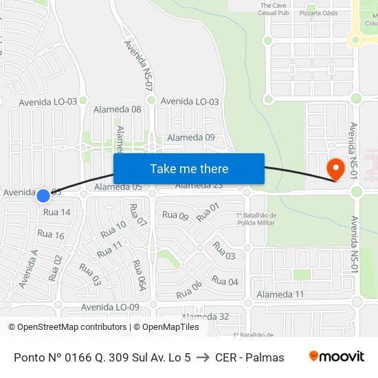 Ponto Nº 0166 Q. 309 Sul Av. Lo 5 to CER - Palmas map