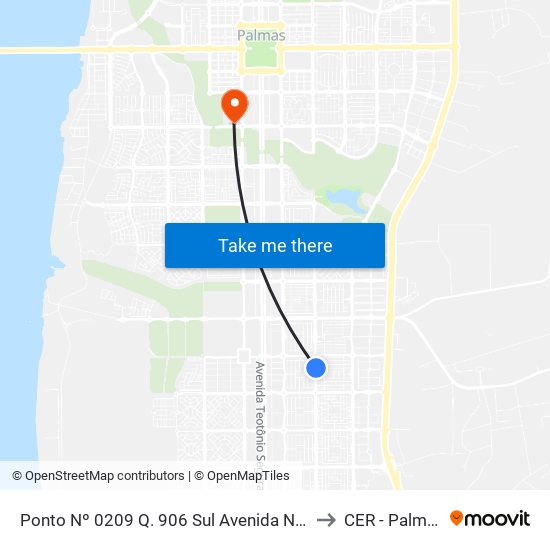 Ponto Nº 0209 Q. 906 Sul Avenida Ns 4 to CER - Palmas map