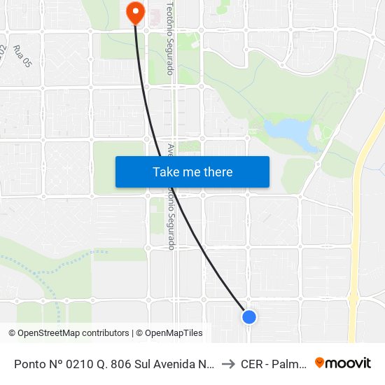 Ponto Nº 0210 Q. 806 Sul Avenida Ns 4 to CER - Palmas map