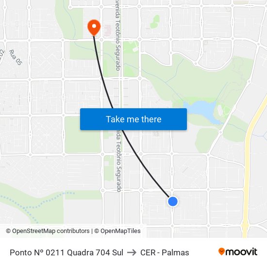 Ponto Nº 0211 Quadra 704 Sul to CER - Palmas map