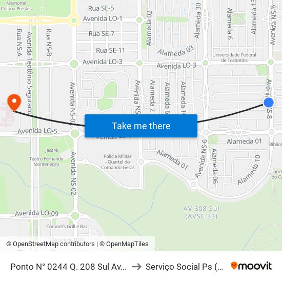Ponto N° 0244 Q. 208 Sul Av. Ns 8 to Serviço Social Ps (Hgp) map