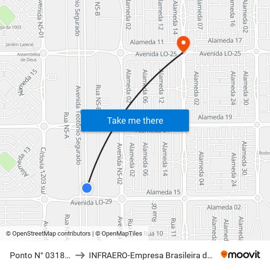 Ponto N° 0318 Q. 1201 S Av. Teotônio to INFRAERO-Empresa Brasileira de Infra-Estrutura Aeroportuária-Área Comercial map