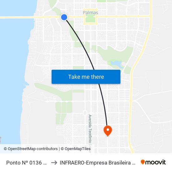 Ponto Nº 0136 Capim Dourando Shopping to INFRAERO-Empresa Brasileira de Infra-Estrutura Aeroportuária-Área Comercial map