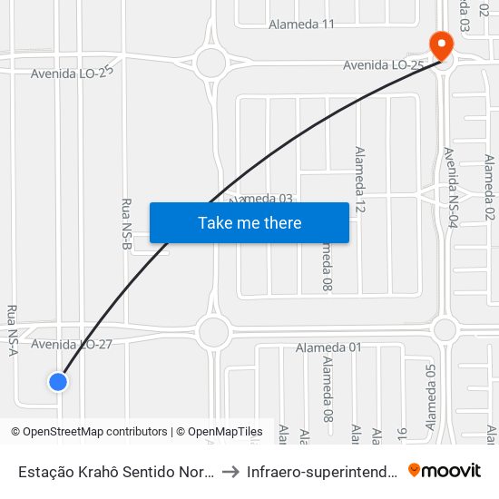 Estação Krahô Sentido Norte-Sul to Infraero-superintendência map