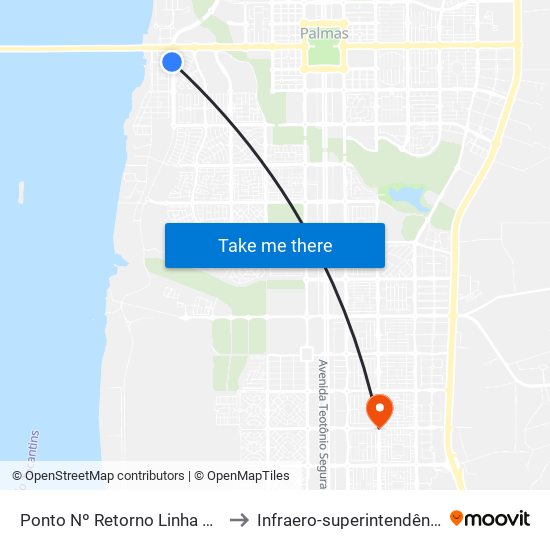 Ponto Nº Retorno Linha 100 to Infraero-superintendência map