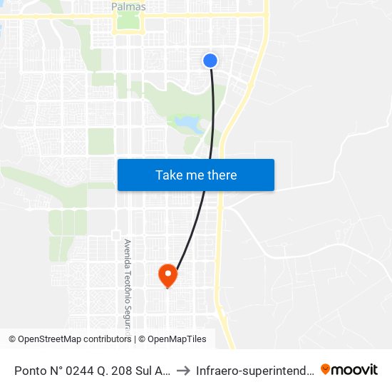 Ponto N° 0244 Q. 208 Sul Av. Ns 8 to Infraero-superintendência map