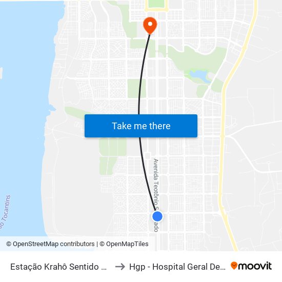 Estação Krahô, Norte-Sul | Av. Joaquim Teotônio Segurado, 1086 to Hgp - Hospital Geral De Palmas map