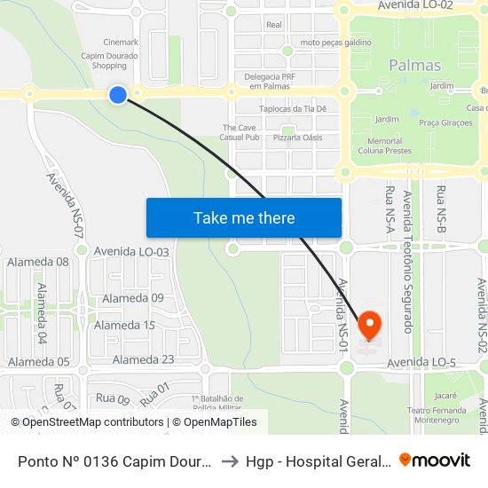 Ponto Nº 0136 Capim Dourando Shopping to Hgp - Hospital Geral De Palmas map