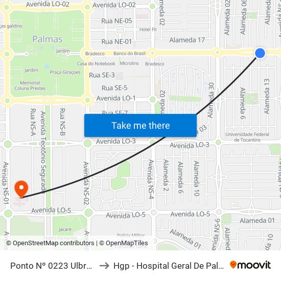 Ponto Nº 0223 Ulbra Jk to Hgp - Hospital Geral De Palmas map