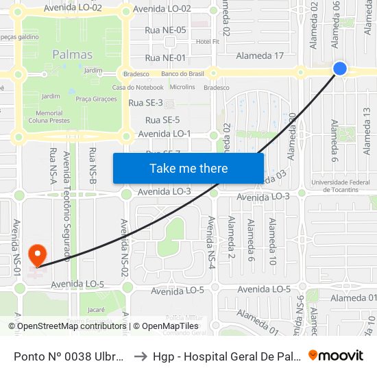 Ponto Nº 0038 Ulbra/Jk to Hgp - Hospital Geral De Palmas map