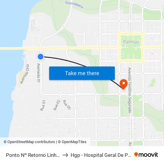 Ponto Nº Retorno Linha 100 to Hgp - Hospital Geral De Palmas map