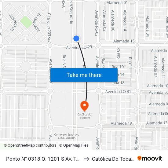 Ponto N° 0318 Q. 1201 S Av. Teotônio to Católica Do Tocantins map