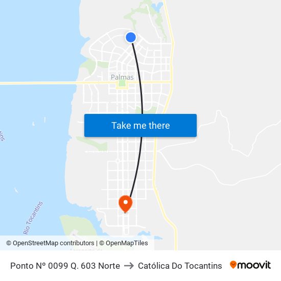 Ponto Nº 0099 Q. 603 Norte to Católica Do Tocantins map