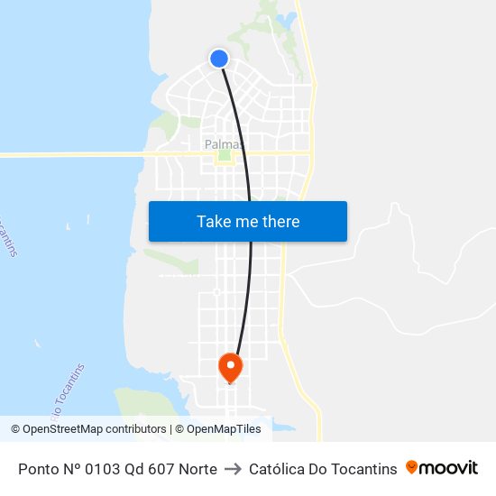 Ponto Nº 0103 Qd 607 Norte to Católica Do Tocantins map