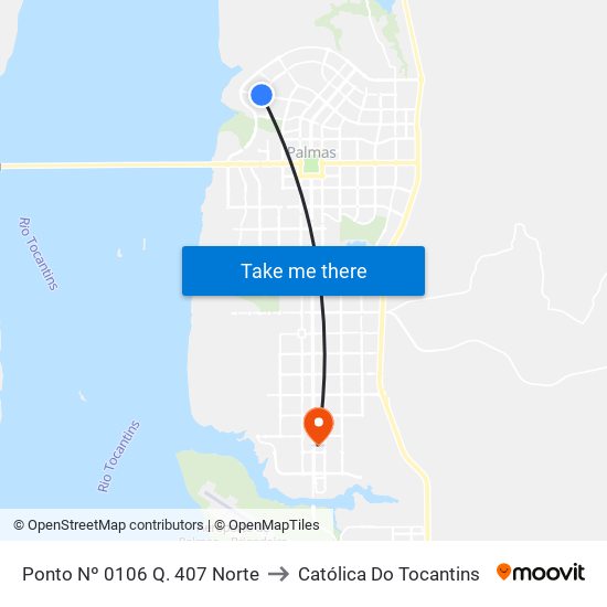 Ponto Nº 0106 Q. 407 Norte to Católica Do Tocantins map