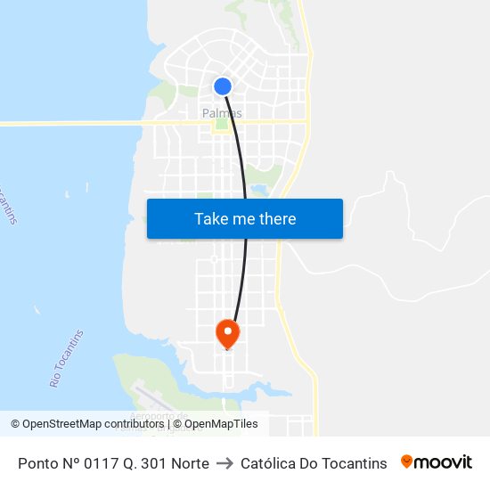 Ponto Nº 0117 Q. 301 Norte to Católica Do Tocantins map