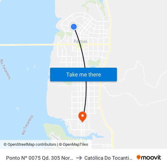 Ponto Nº 0075 Qd. 305 Norte to Católica Do Tocantins map