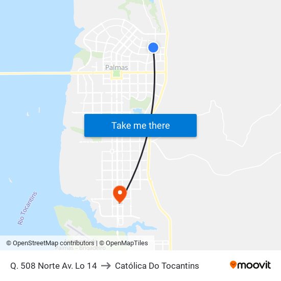 Q. 508 Norte Av. Lo 14 to Católica Do Tocantins map