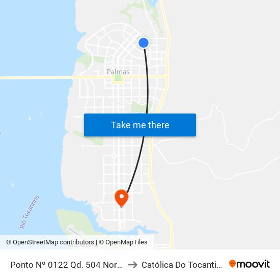 Ponto Nº 0122 Qd. 504 Norte to Católica Do Tocantins map