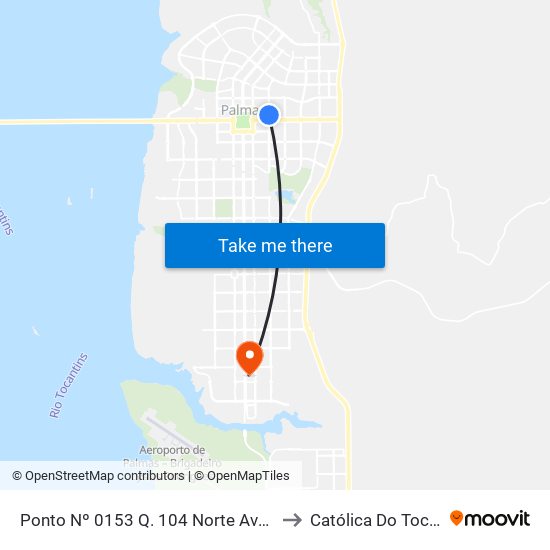 Ponto Nº 0153 Q. 104 Norte Avenida Ns 4 to Católica Do Tocantins map