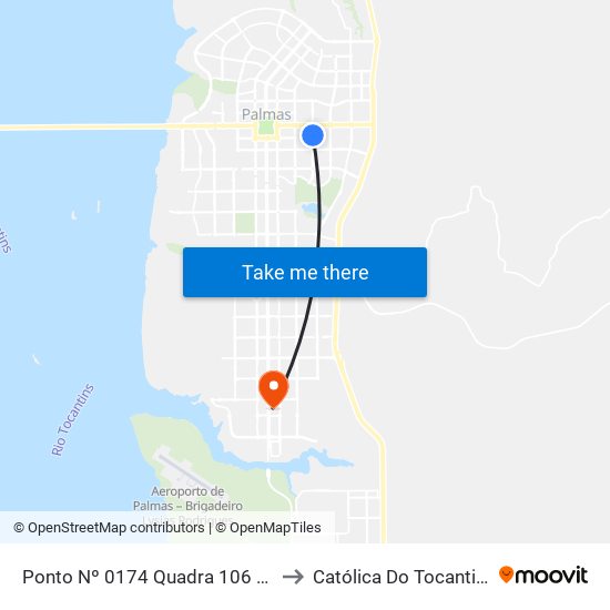 Ponto Nº 0174 Quadra 106 Sul to Católica Do Tocantins map