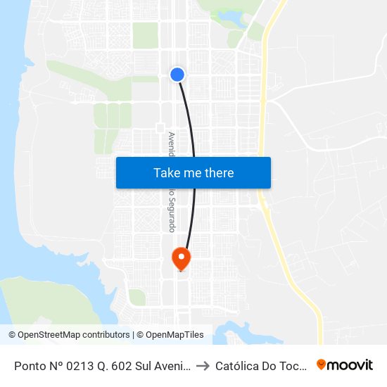 Ponto Nº 0213 Q. 602 Sul Avenida Lo 15 to Católica Do Tocantins map