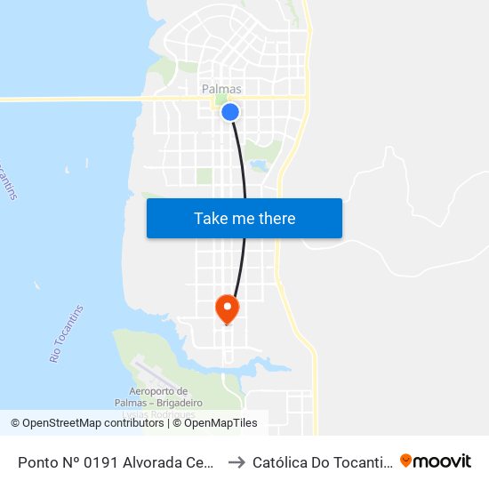 Ponto Nº 0191 Alvorada Center to Católica Do Tocantins map