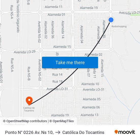 Ponto N° 0226 Av. Ns 10, to Católica Do Tocantins map