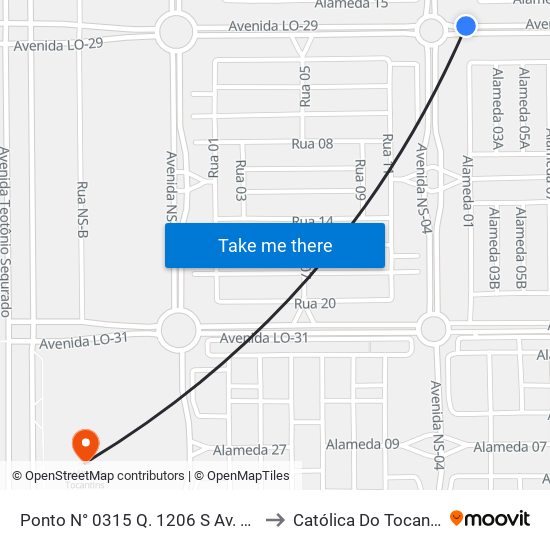 Ponto N° 0315 Q. 1206 S Av. Lo 29 to Católica Do Tocantins map