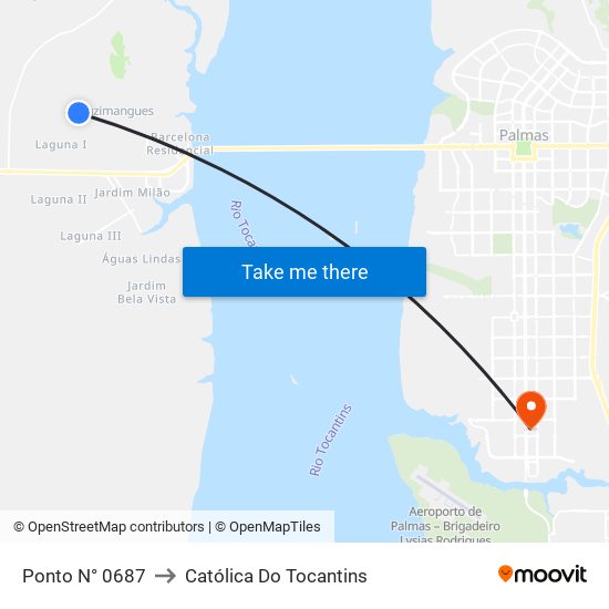 Ponto N° 0687 to Católica Do Tocantins map