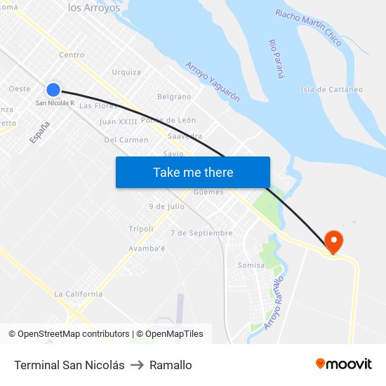 Terminal San Nicolás to Ramallo map