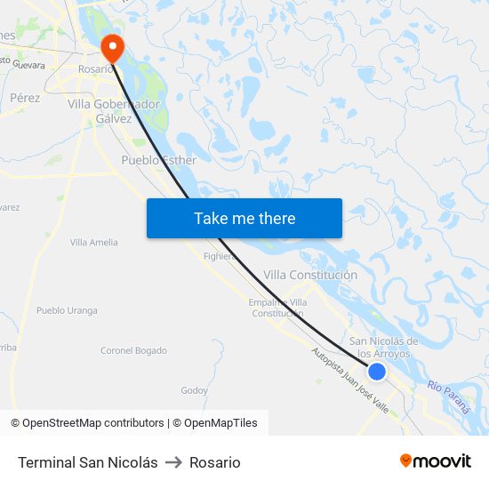 Terminal San Nicolás to Rosario map