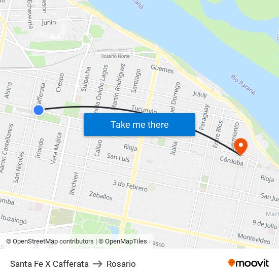 Santa Fe X Cafferata to Rosario map