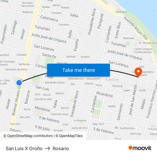 San Luis X Oroño to Rosario map