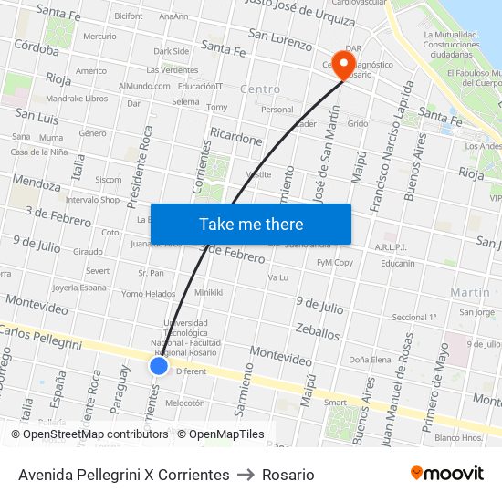 Avenida Pellegrini X Corrientes to Rosario map