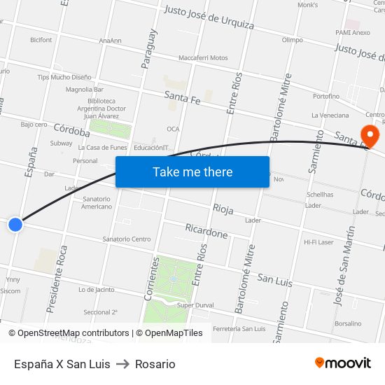 España X San Luis to Rosario map