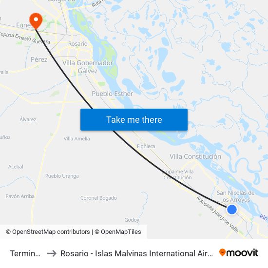 Terminal San Nicolás to Rosario - Islas Malvinas International Airport (ROS) (Aeropuerto Internacional de Rosario - Islas M map