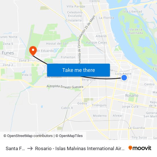 Santa Fe X Cafferata to Rosario - Islas Malvinas International Airport (ROS) (Aeropuerto Internacional de Rosario - Islas M map