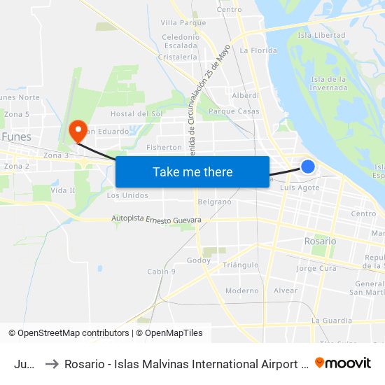 Junín, 103 to Rosario - Islas Malvinas International Airport (ROS) (Aeropuerto Internacional de Rosario - Islas M map