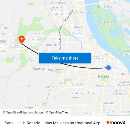 San Luis X Oroño to Rosario - Islas Malvinas International Airport (ROS) (Aeropuerto Internacional de Rosario - Islas M map