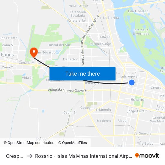 Crespo X Córdoba to Rosario - Islas Malvinas International Airport (ROS) (Aeropuerto Internacional de Rosario - Islas M map