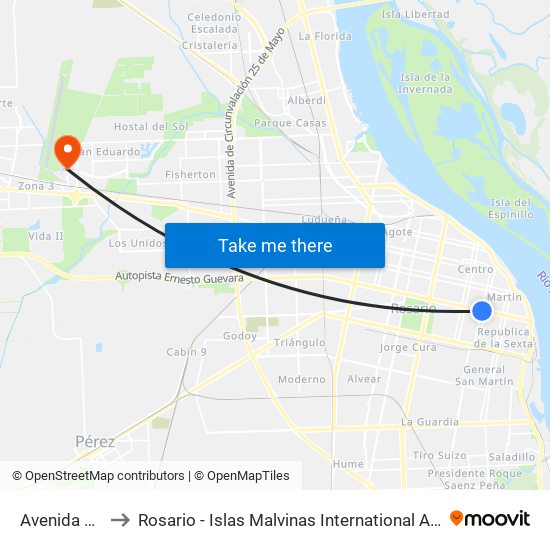 Avenida Pellegrini X Maipú to Rosario - Islas Malvinas International Airport (ROS) (Aeropuerto Internacional de Rosario - Islas M map