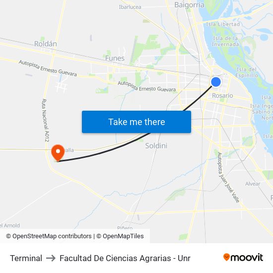 Terminal to Facultad De Ciencias Agrarias - Unr map