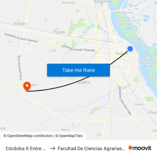 Córdoba X Entre Ríos to Facultad De Ciencias Agrarias - Unr map