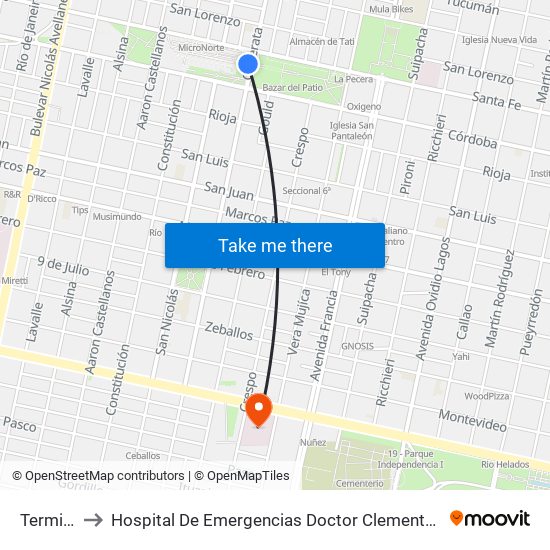 Terminal to Hospital De Emergencias Doctor Clemente Álvarez map